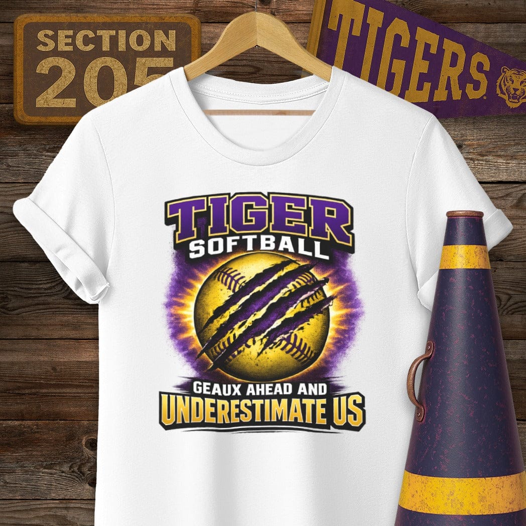 S / White Louisiana Tiger Softball T-Shirt by Laissez Faire Wear
