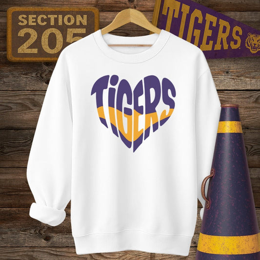 S / White Louisiana Tigers Heart Game Day Sweatshirt by Laissez Faire Wear
