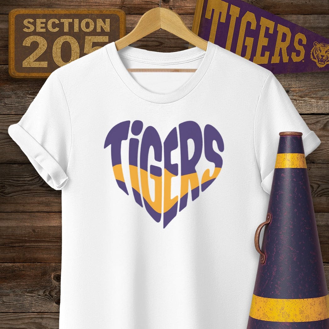 S / White Louisiana Tigers Heart Game Day T-Shirt by Laissez Faire Wear