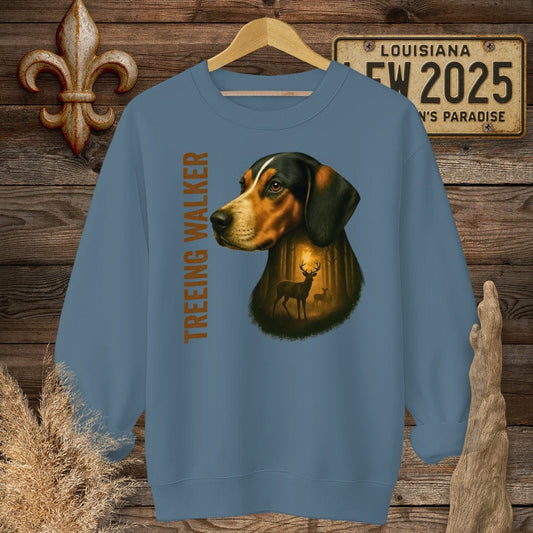 S / Indigo Blue Louisiana Treeing Walker Coonhound Hunting Dog Sweatshirt by Laissez Faire Wear
