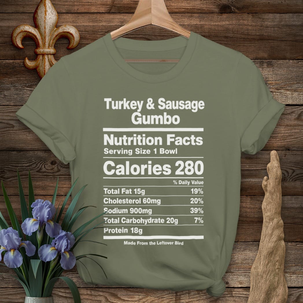 S / Military Green Louisiana Turkey Gumbo Nutrition T-Shirt by Laissez Faire Wear