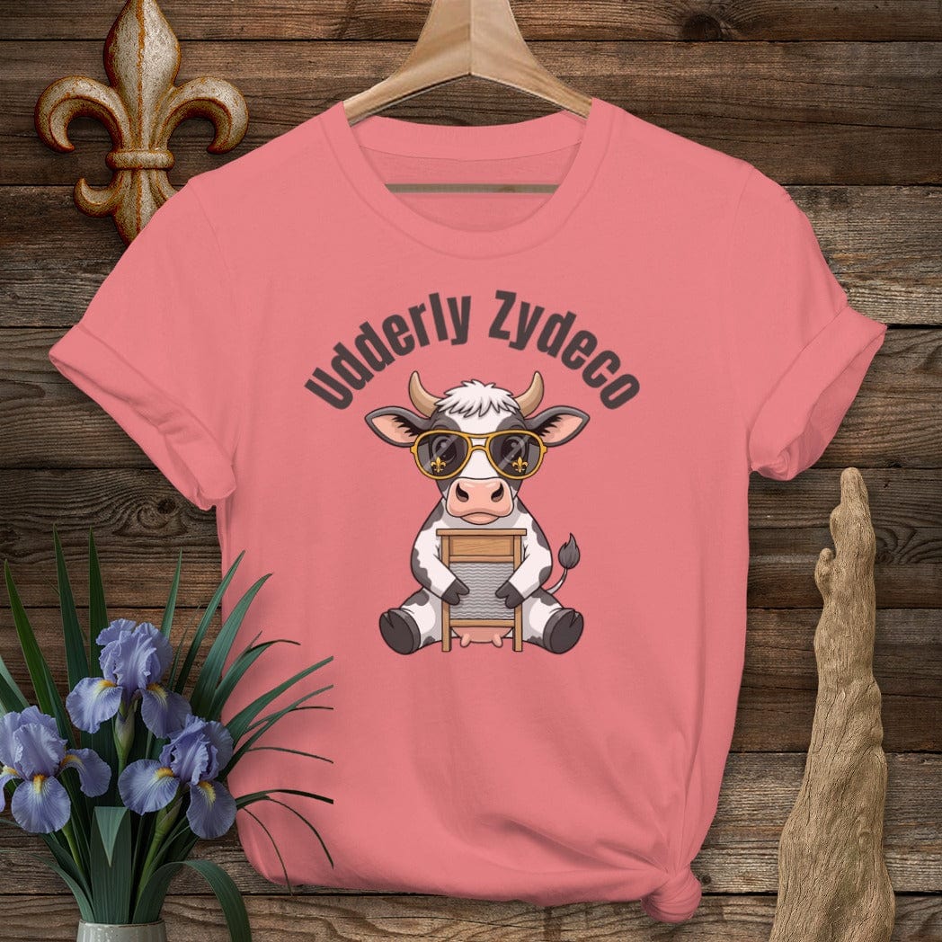 S / Coral Silk Louisiana Udderly Zydeco Farm T-Shirt by Laissez Faire Wear