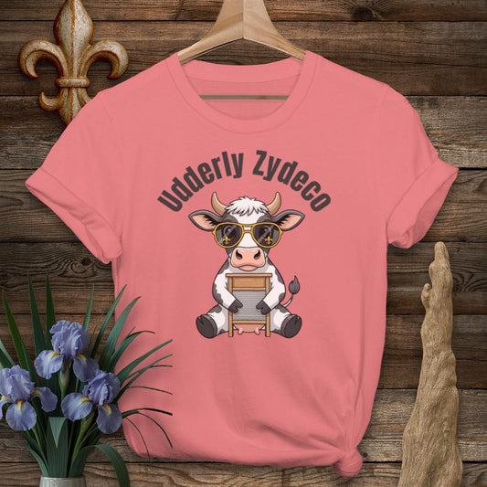 S / Coral Silk Louisiana Udderly Zydeco Farm T-Shirt by Laissez Faire Wear