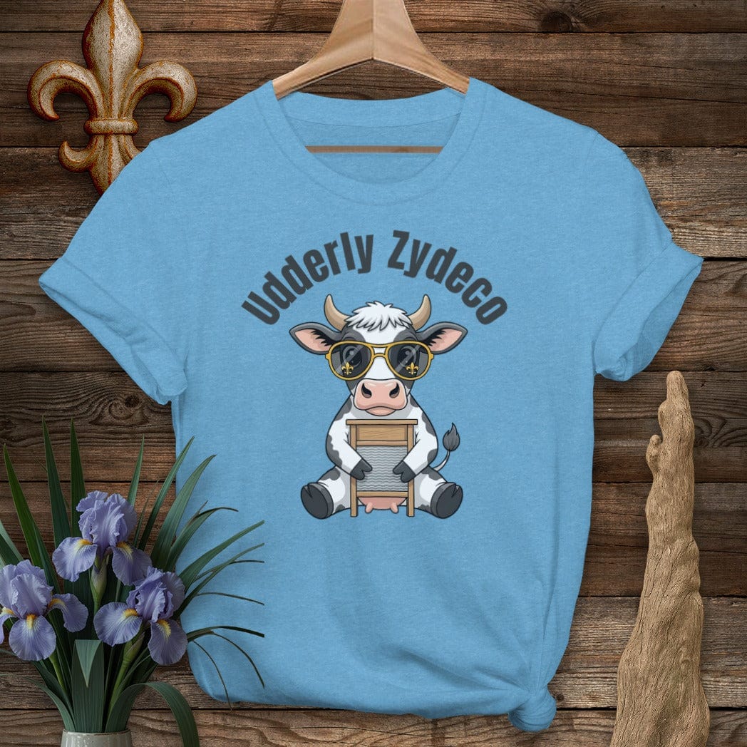 S / Heather Sapphire Louisiana Udderly Zydeco Farm T-Shirt by Laissez Faire Wear