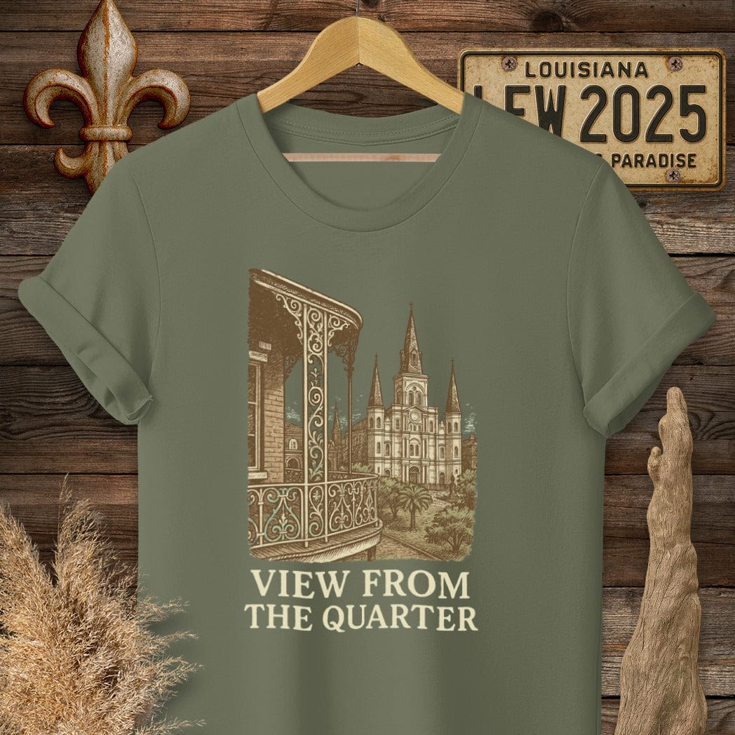 S / Military Green Louisiana View From The Quarter T-Shirt by Laissez Faire Wear
