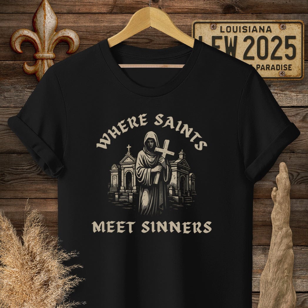 S / Black Louisiana Where Saints Meet Sinners T-Shirt by Laissez Faire Wear