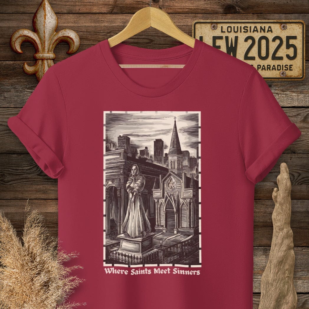 S / Cardinal Red Louisiana Where Saints Meet Sinners T-Shirt by Laissez Faire Wear