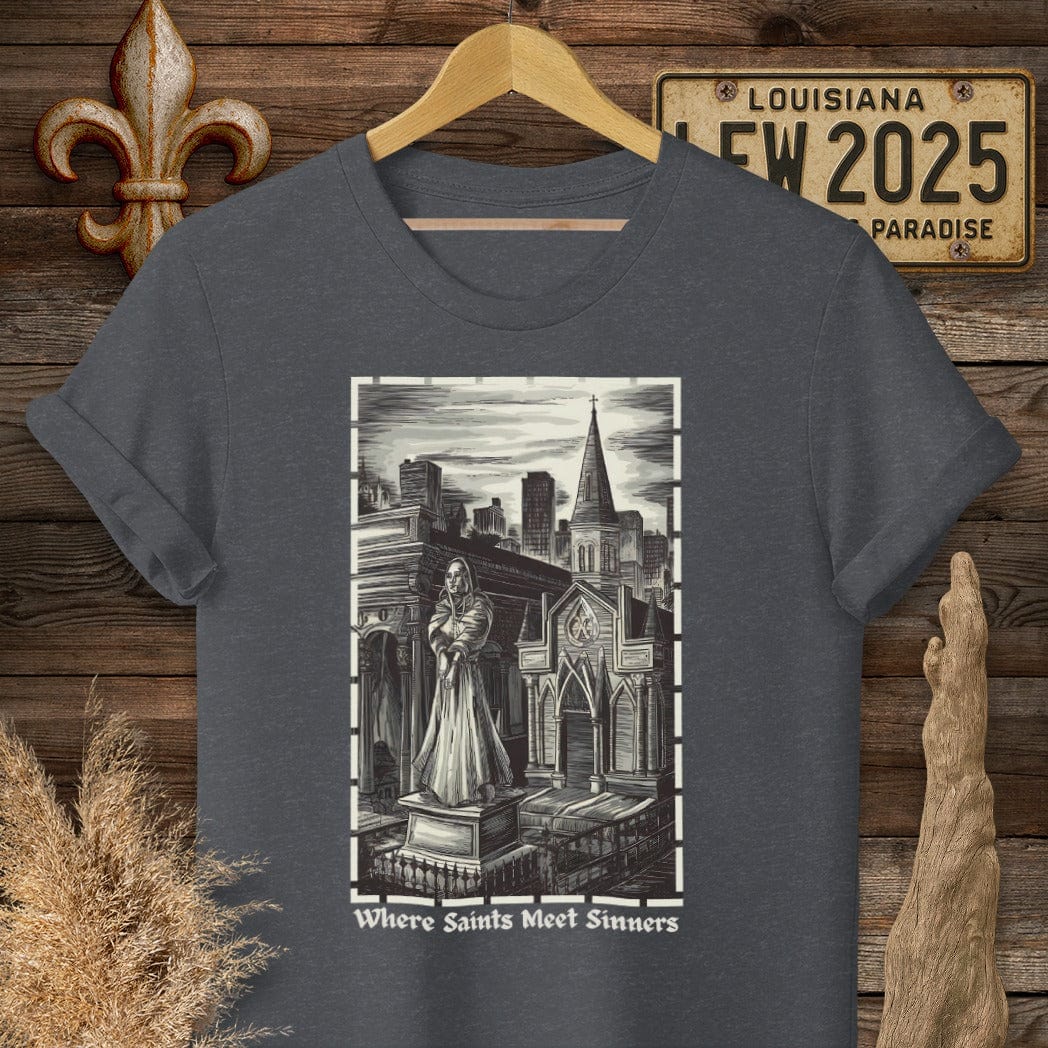 S / Dark Heather Grey Louisiana Where Saints Meet Sinners T-Shirt by Laissez Faire Wear