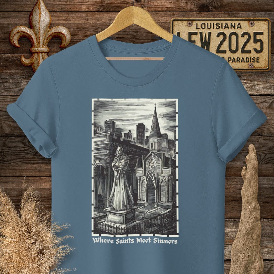 S / Indigo Blue Louisiana Where Saints Meet Sinners T-Shirt by Laissez Faire Wear