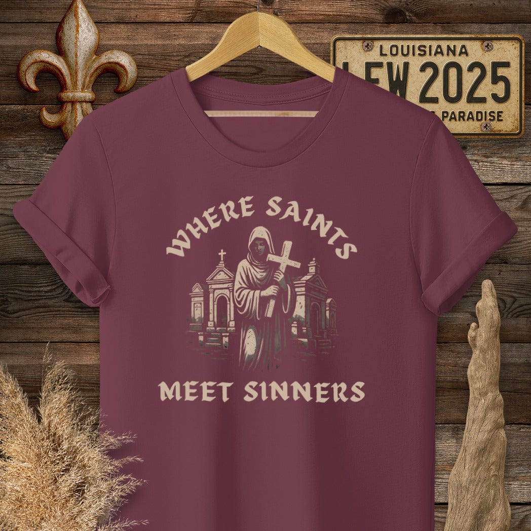 S / Maroon Louisiana Where Saints Meet Sinners T-Shirt by Laissez Faire Wear