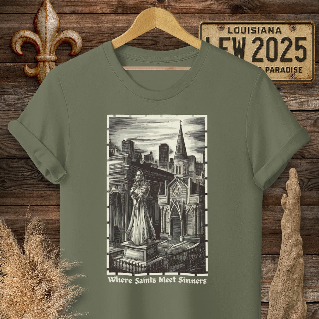 S / Military Green Louisiana Where Saints Meet Sinners T-Shirt by Laissez Faire Wear