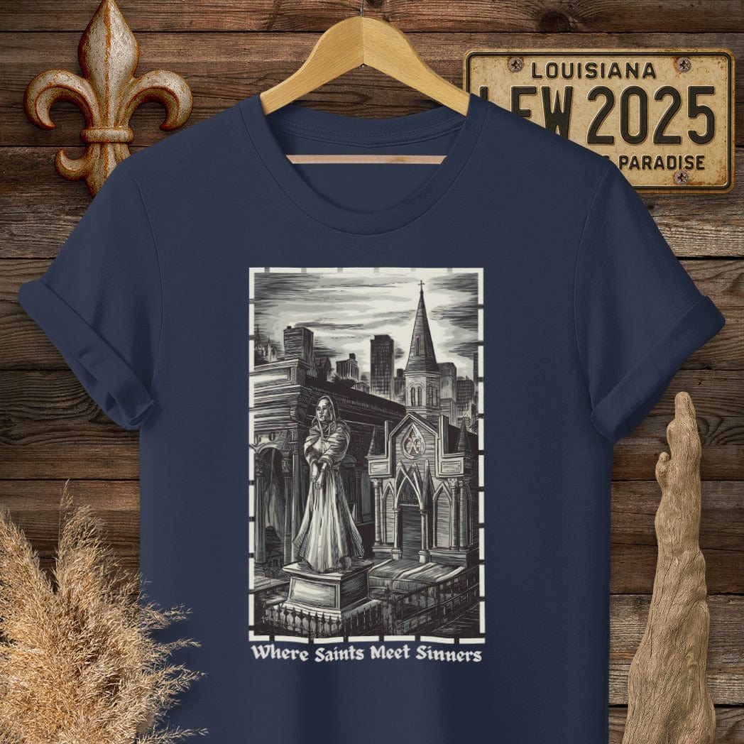 S / Navy Louisiana Where Saints Meet Sinners T-Shirt by Laissez Faire Wear