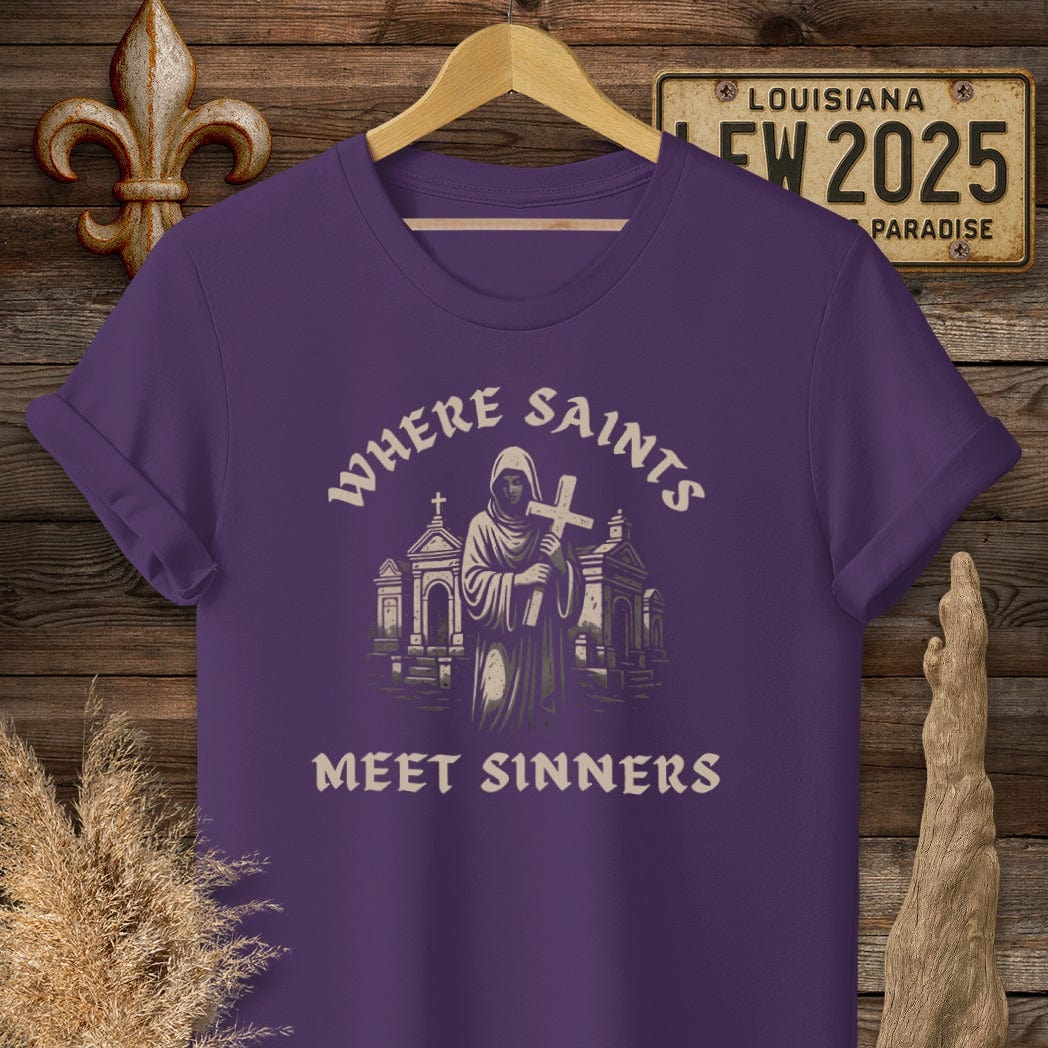 S / Purple Louisiana Where Saints Meet Sinners T-Shirt by Laissez Faire Wear
