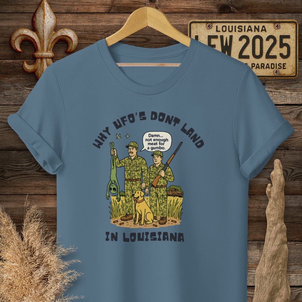 S / Indigo Blue Louisiana Why UFO's Don't Land in Louisiana T-Shirt by Laissez Faire Wear