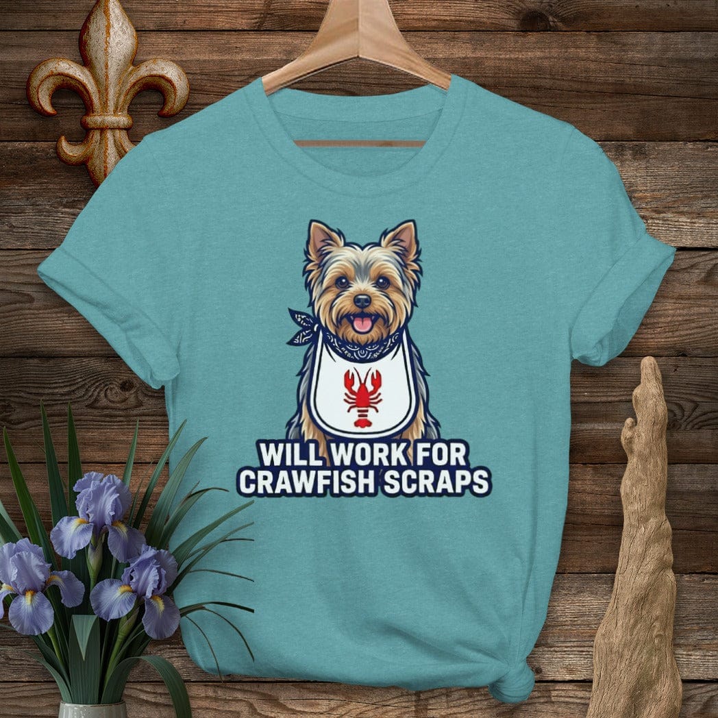 S / Heather Galapagos Blue Louisiana Yorkie Crawfish Scraps T-Shirt by Laissez Faire Wear