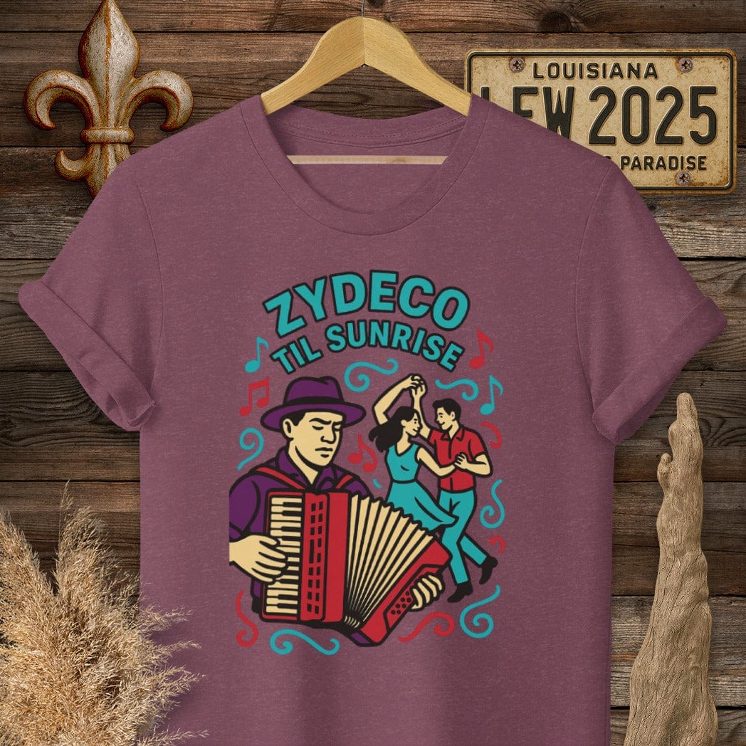 S / Heather Maroon Louisiana Zydeco Til Sunrise T-Shirt by Laissez Faire Wear