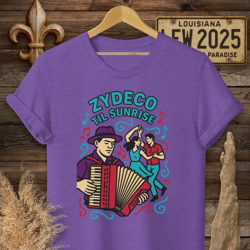 S / Heather Purple Louisiana Zydeco Til Sunrise T-Shirt by Laissez Faire Wear