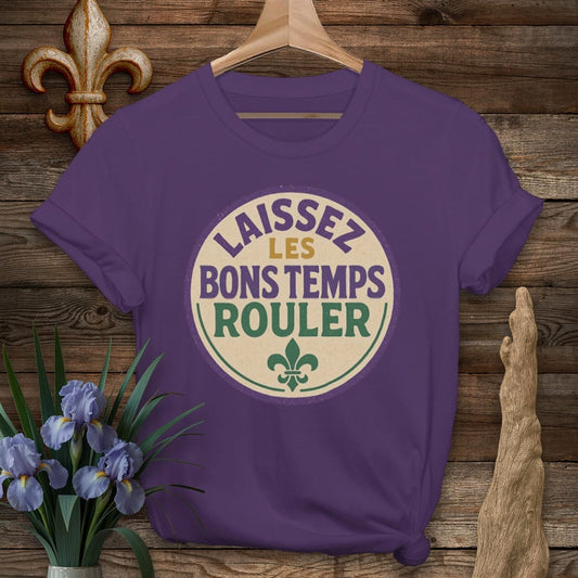 Purple t-shirt with "Laissez les bons temps rouler" text in a circle.