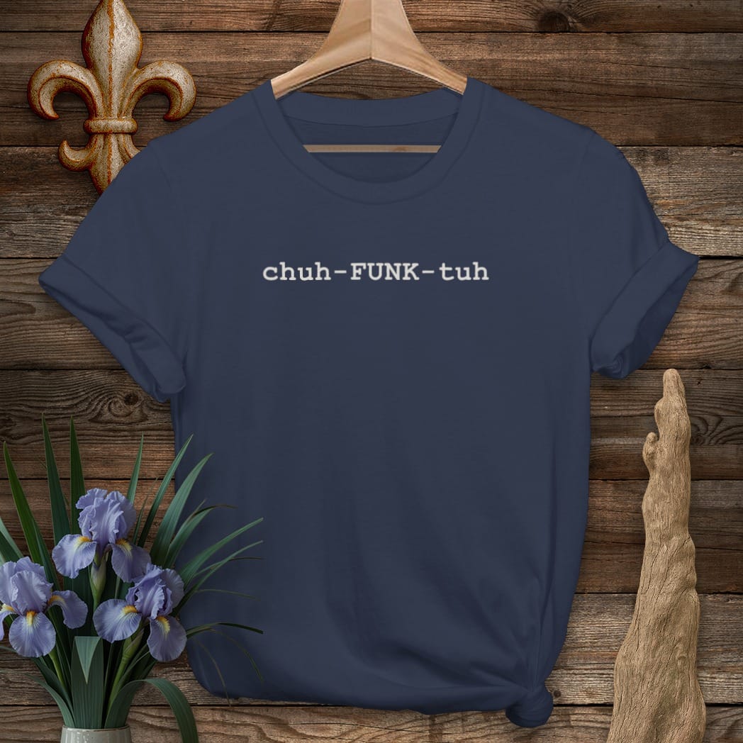 S / Navy Louisiana Tchefuncte Pronunciation T-Shirt by Laissez Faire Wear