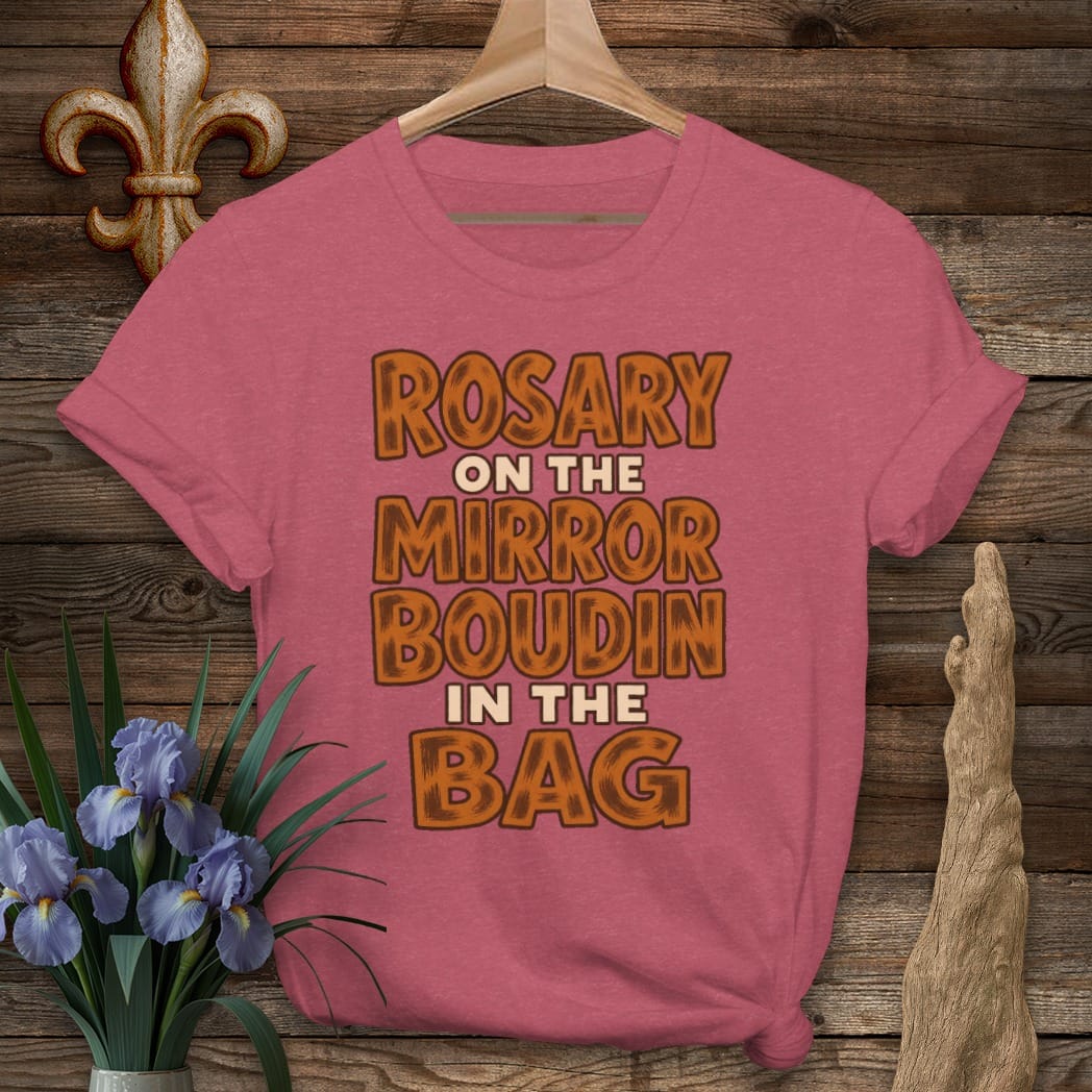 S / Heather Cardinal Louisiana Rosary Boudin Bag T-Shirt by Laissez Faire Wear