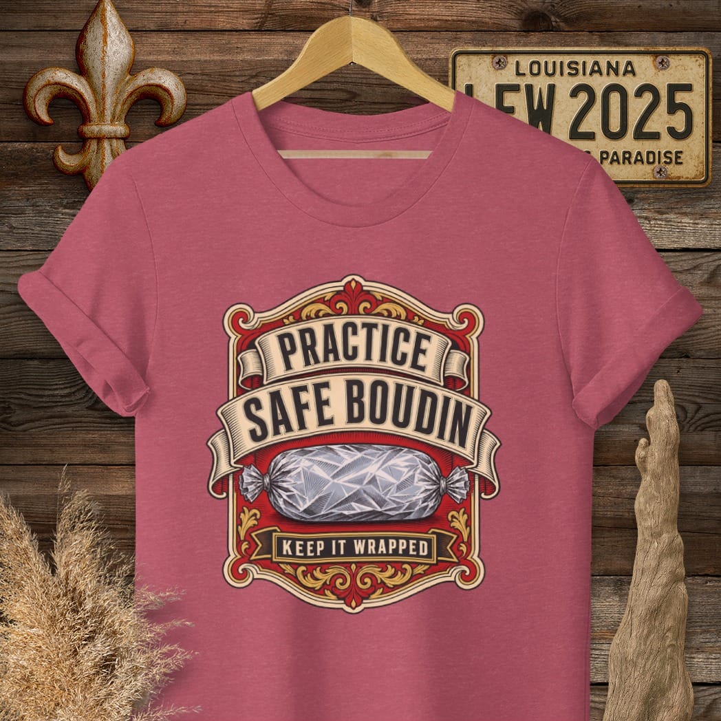 S / Heather Cardinal Louisiana Practice Safe Boudin T-Shirt by Laissez Faire Wear
