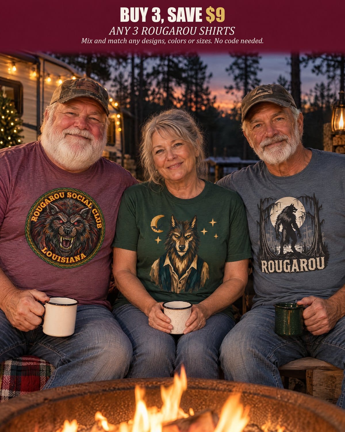 The Rougarou shirts: buy 3 and save $9, no code needed