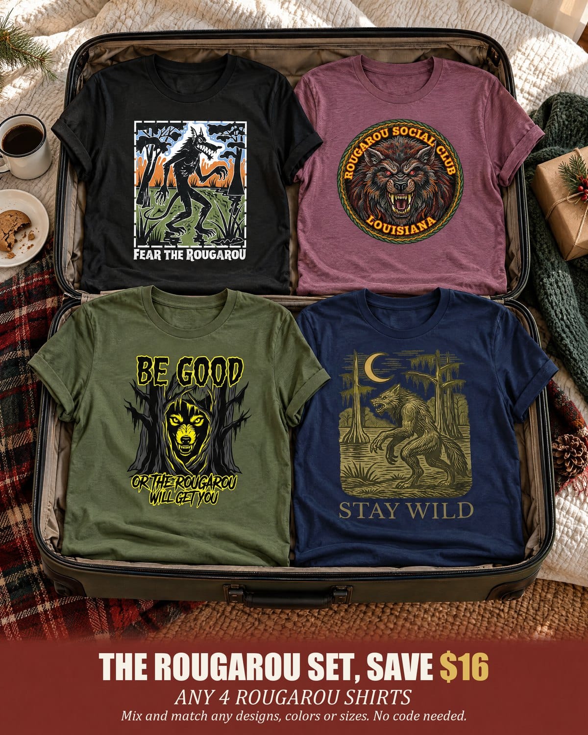 The Rougarou shirts: buy 3 and save $9, no code needed