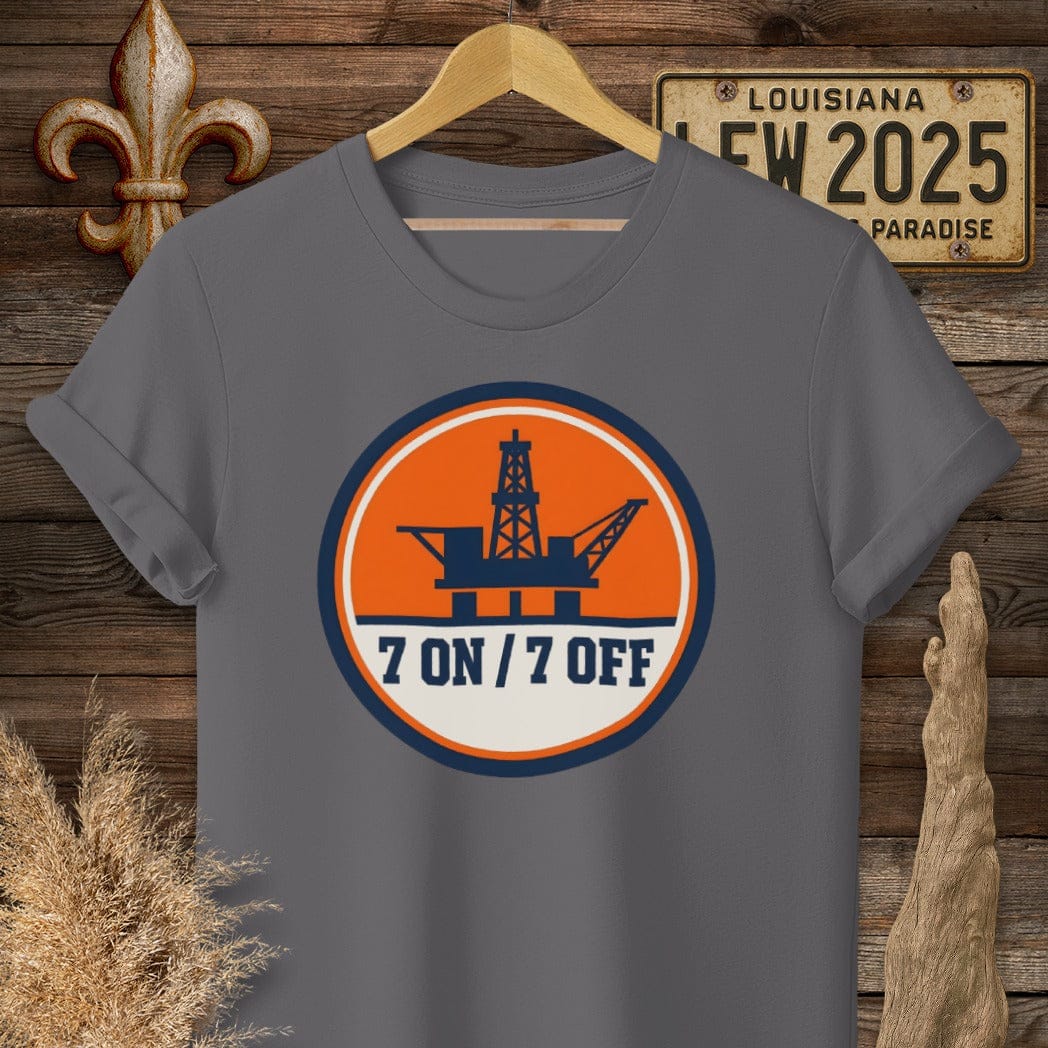 S / Charcoal Louisiana 7 ON 7 OFF Oil Rig T-Shirt by Laissez Faire Wear