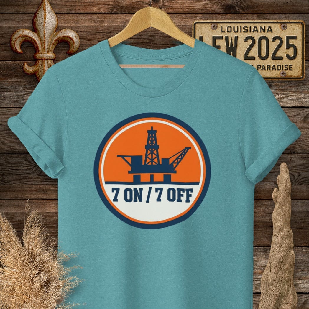 S / Heather Galapagos Blue Louisiana 7 ON 7 OFF Oil Rig T-Shirt by Laissez Faire Wear