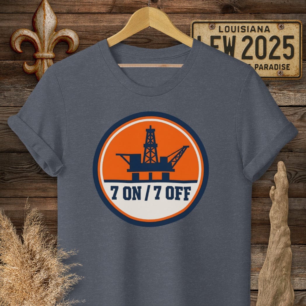 S / Heather Navy Louisiana 7 ON 7 OFF Oil Rig T-Shirt by Laissez Faire Wear