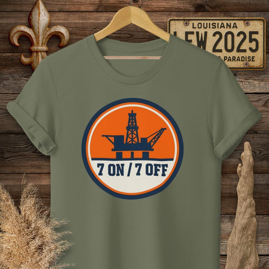 S / Military Green Louisiana 7 ON 7 OFF Oil Rig T-Shirt by Laissez Faire Wear