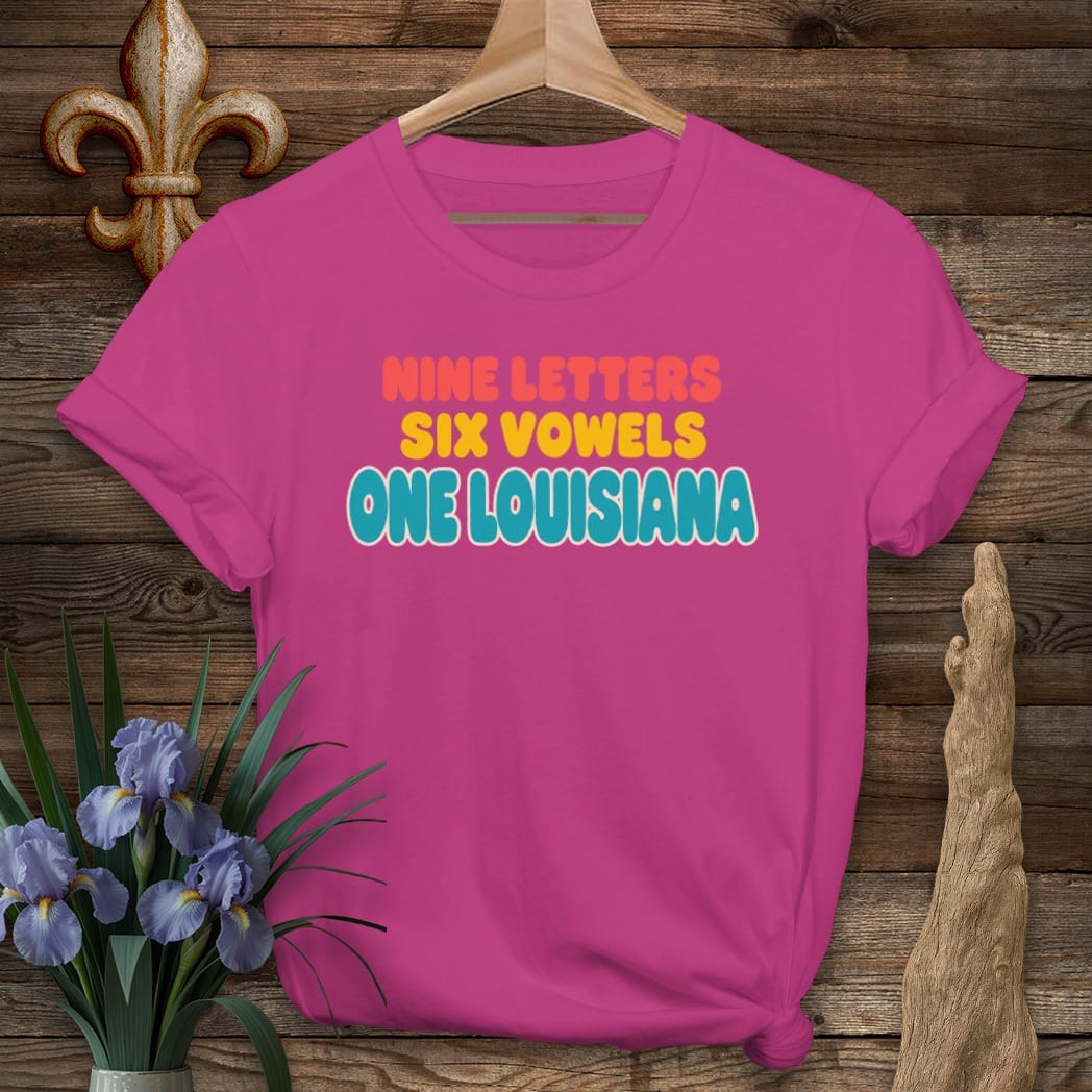 S / Antique Heliconia Louisiana 9 Letters 6 Vowels T-Shirt by Laissez Faire Wear