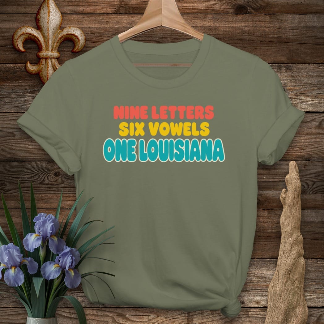 S / Military Green Louisiana 9 Letters 6 Vowels T-Shirt by Laissez Faire Wear