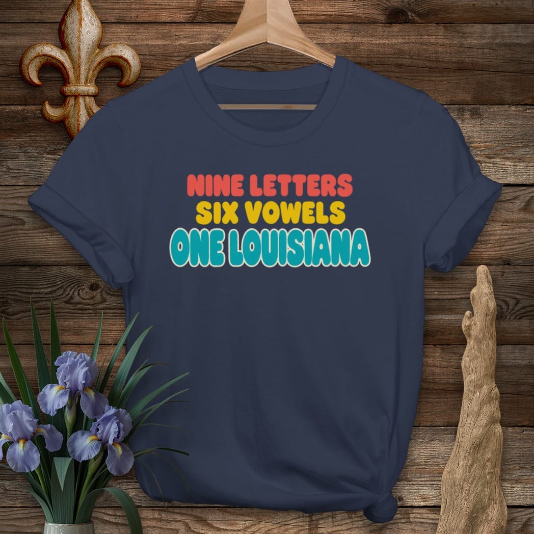 S / Navy Louisiana 9 Letters 6 Vowels T-Shirt by Laissez Faire Wear