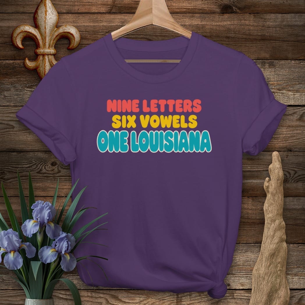 S / Purple Louisiana 9 Letters 6 Vowels T-Shirt by Laissez Faire Wear