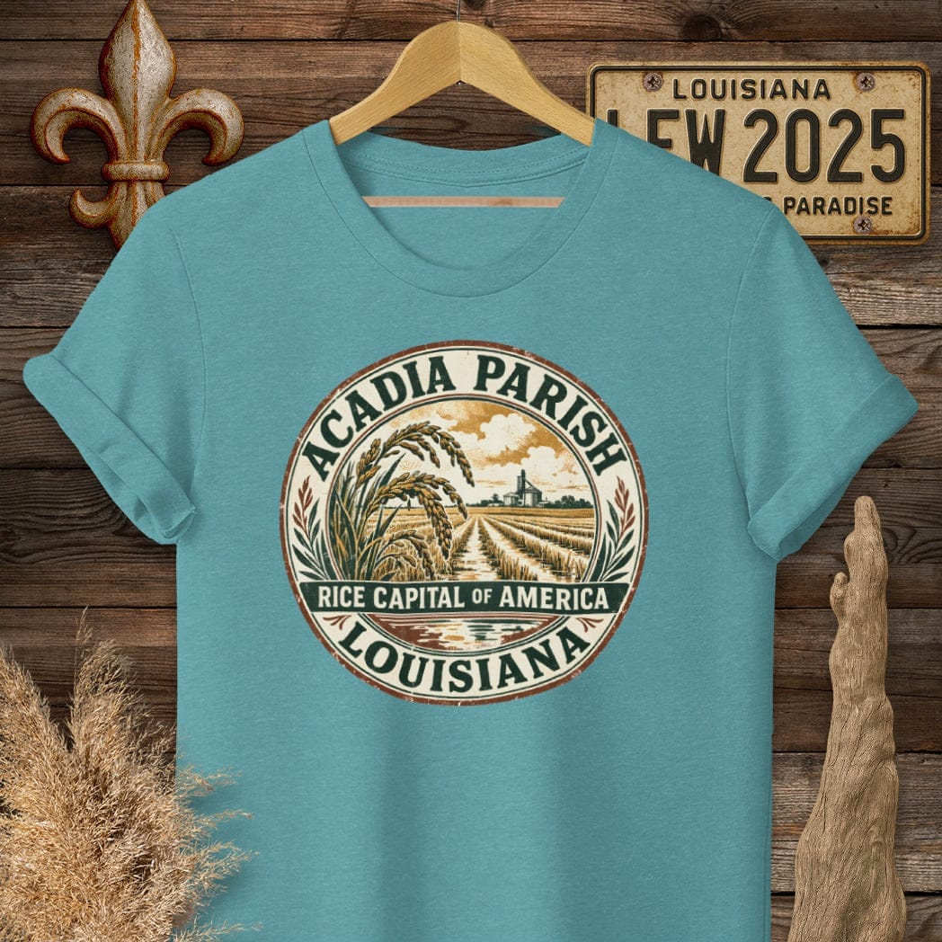 S / Heather Galapagos Blue Louisiana Acadia Parish T-Shirt by Laissez Faire Wear