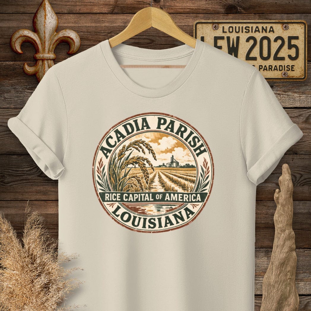 S / Sand Louisiana Acadia Parish T-Shirt by Laissez Faire Wear