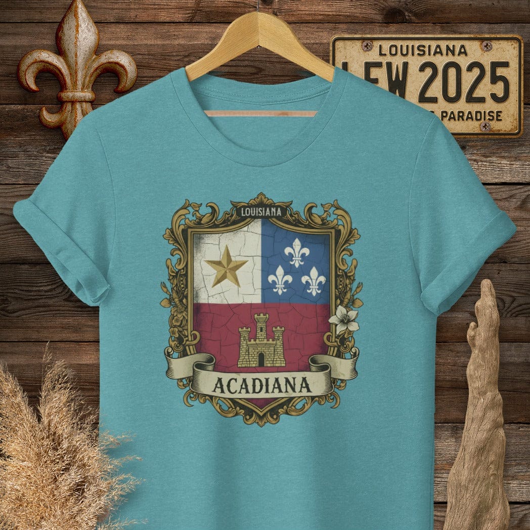 S / Heather Galapagos Blue Louisiana Acadiana Shield T-Shirt by Laissez Faire Wear