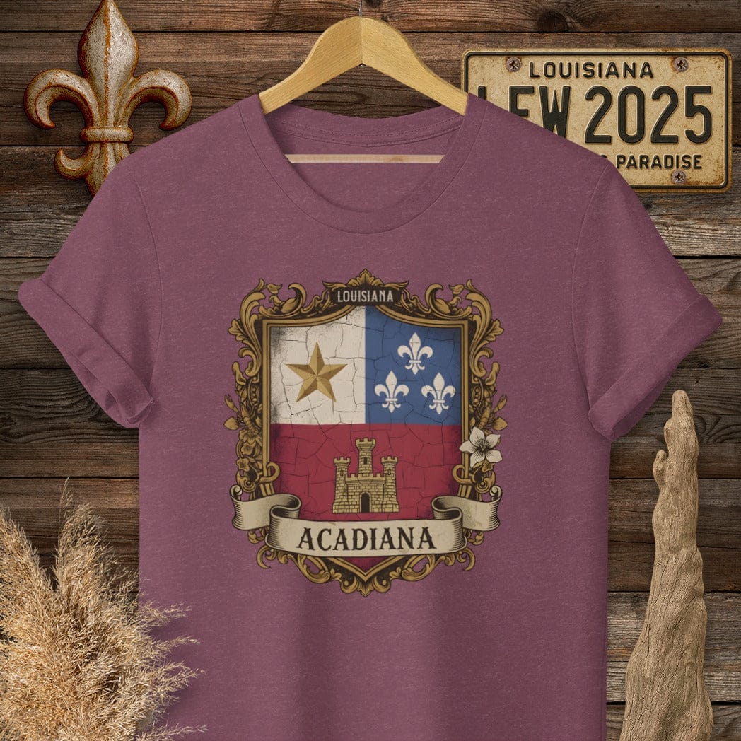 S / Heather Maroon Louisiana Acadiana Shield T-Shirt by Laissez Faire Wear