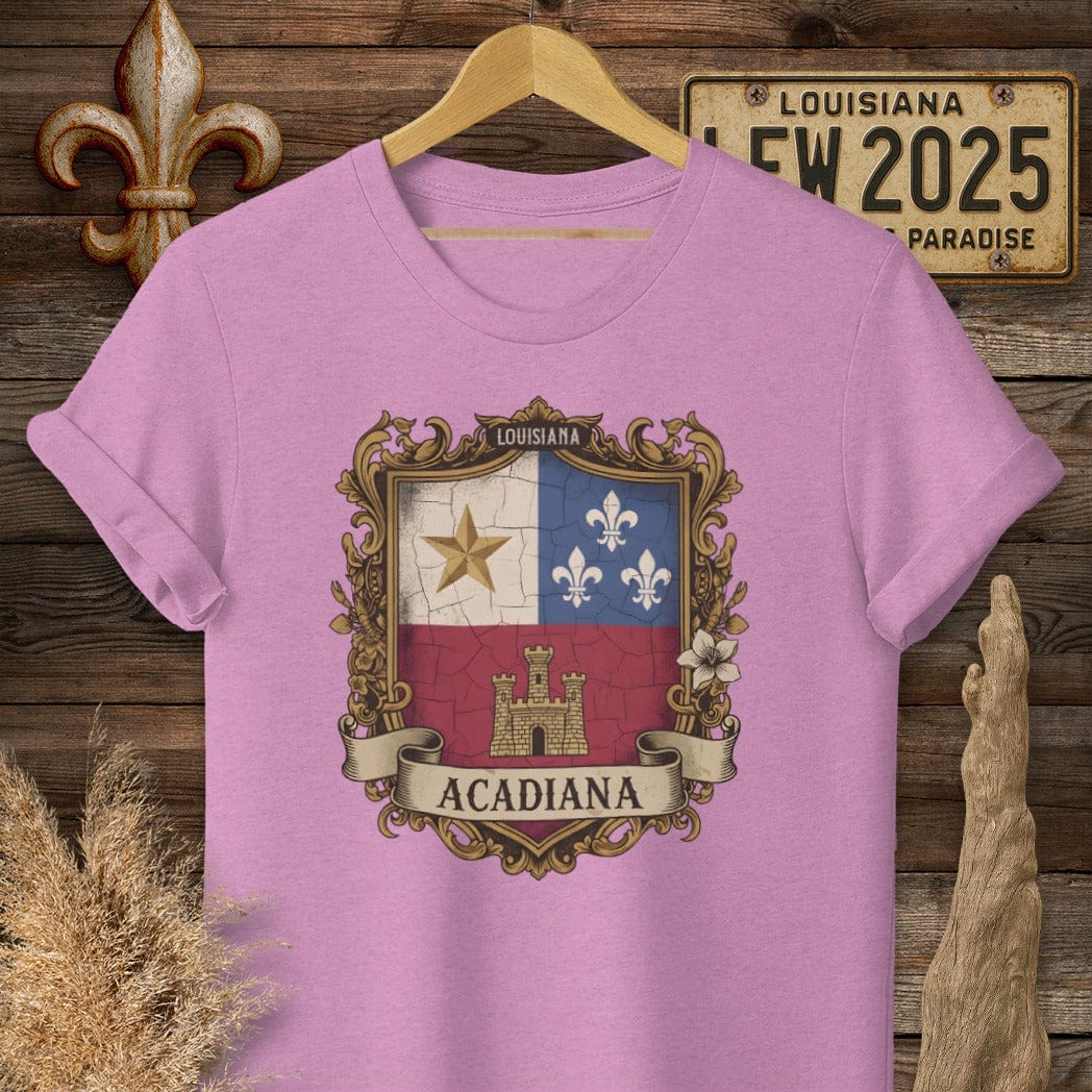 S / Heather Radiant Orchid Louisiana Acadiana Shield T-Shirt by Laissez Faire Wear