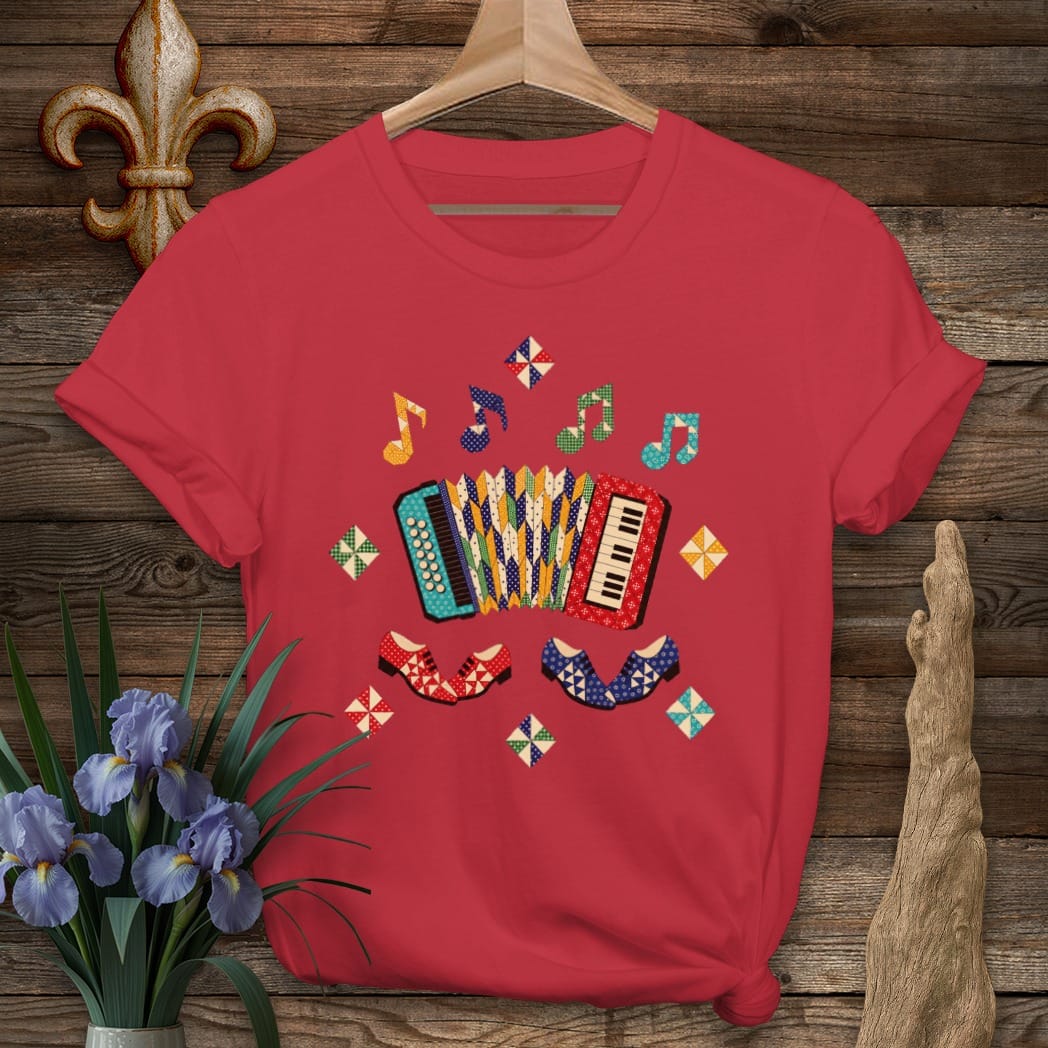 S / Cherry Red Louisiana Accordion Quilt Dance T-Shirt by Laissez Faire Wear