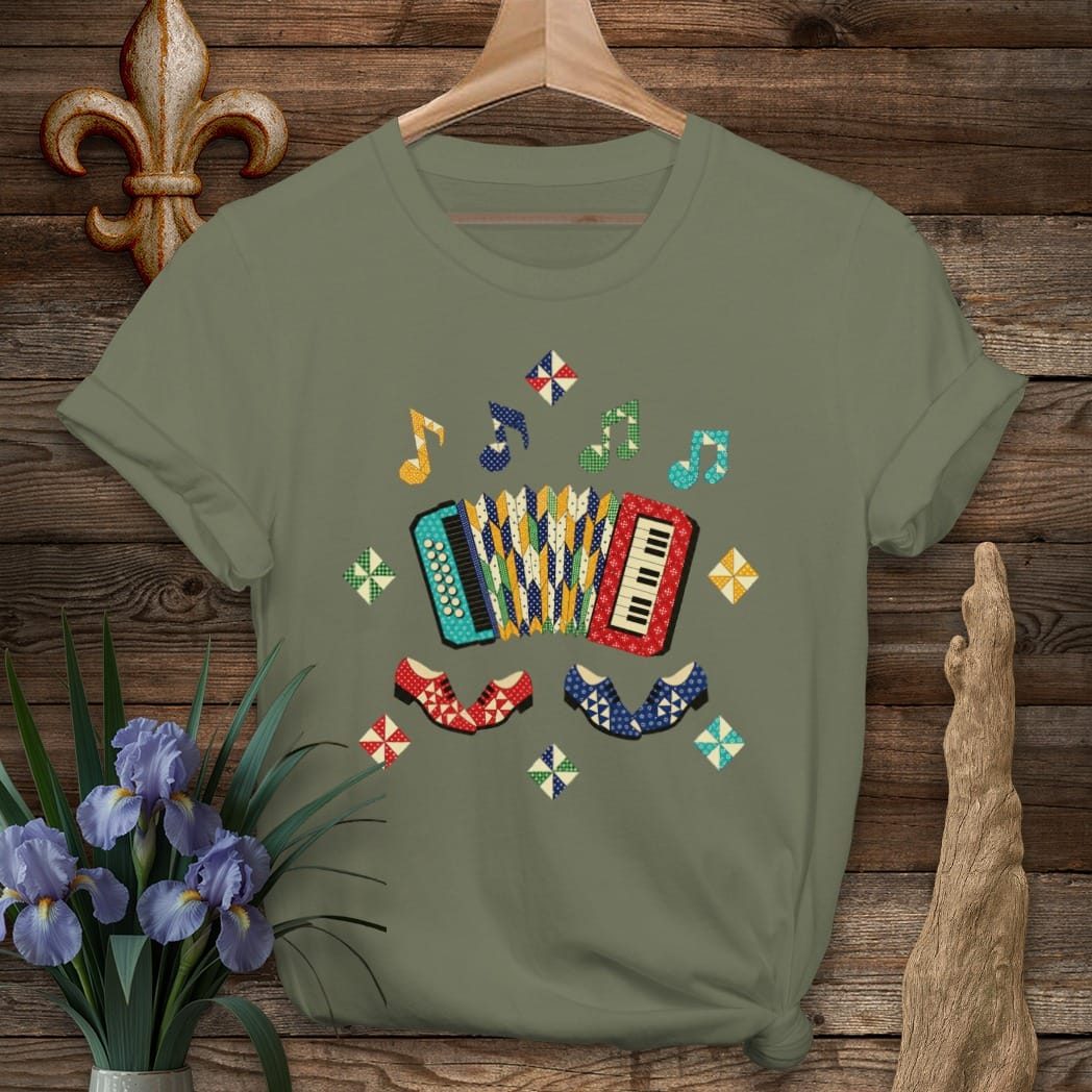 S / Military Green Louisiana Accordion Quilt Dance T-Shirt by Laissez Faire Wear
