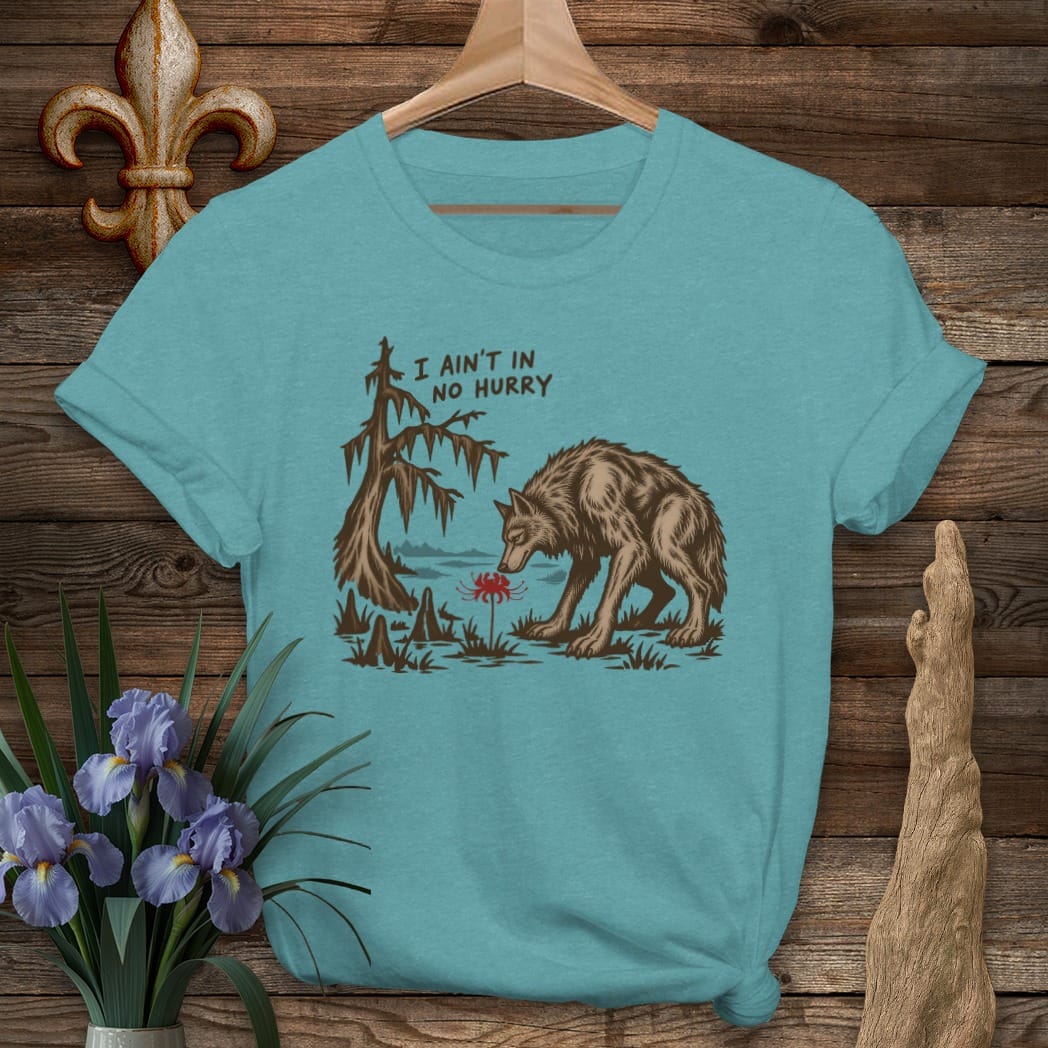 S / Heather Galapagos Blue Louisiana Ain't in No Hurry T-Shirt by Laissez Faire Wear
