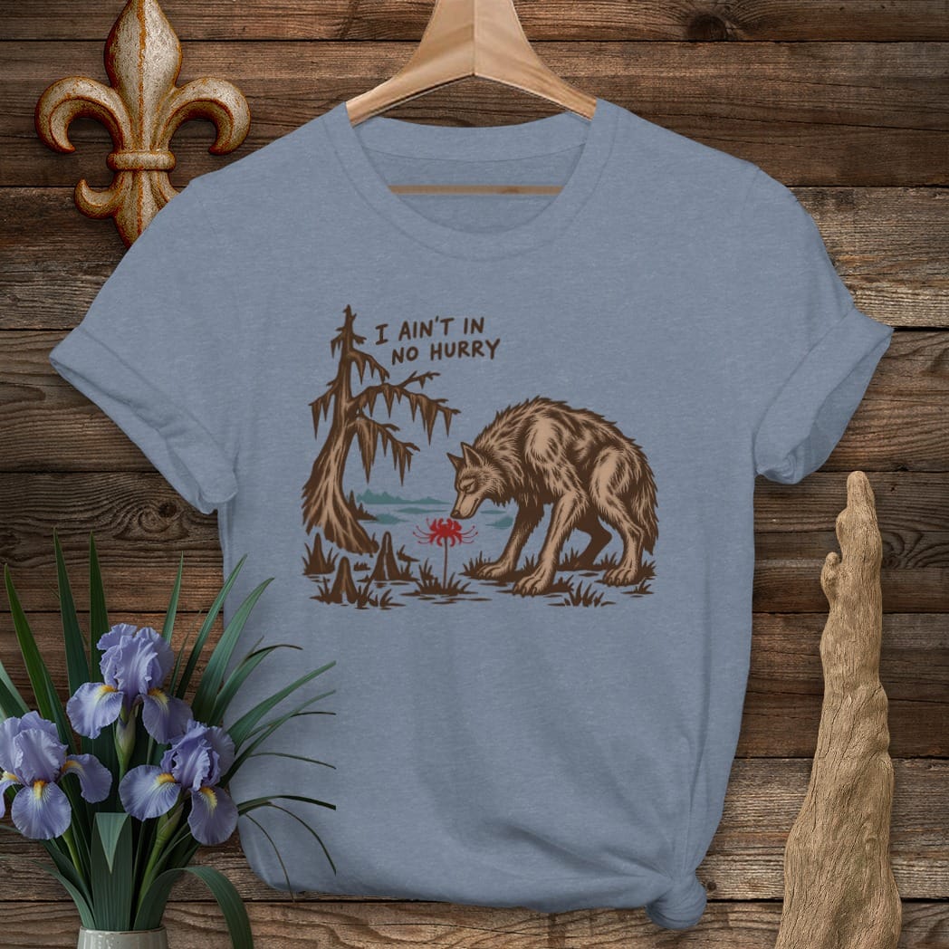S / Heather Indigo Louisiana Ain't in No Hurry T-Shirt by Laissez Faire Wear