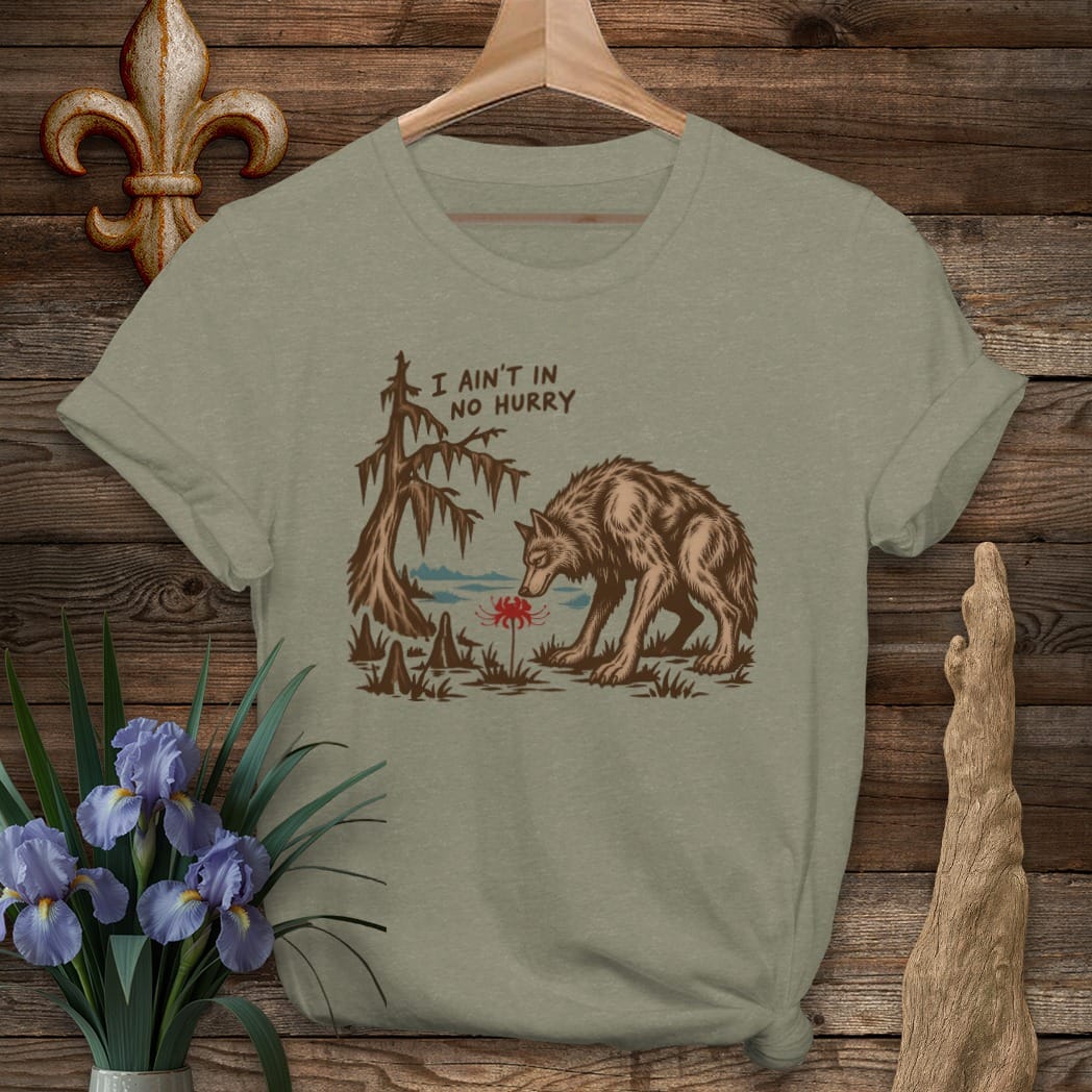 S / Heather Military Green Louisiana Ain't in No Hurry T-Shirt by Laissez Faire Wear