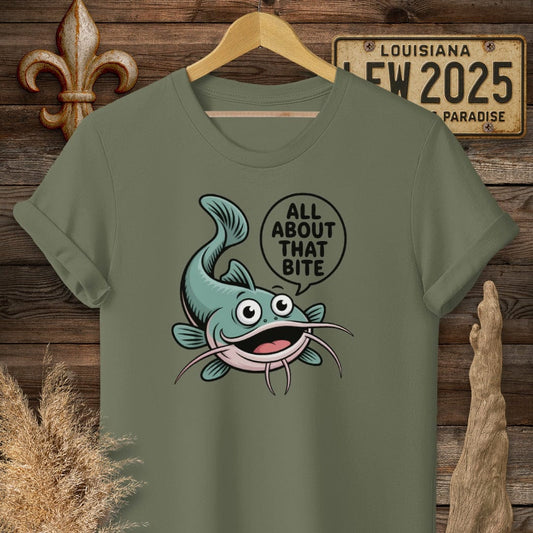 S / Military Green Louisiana All About That Bite Catfish T-Shirt by Laissez Faire Wear
