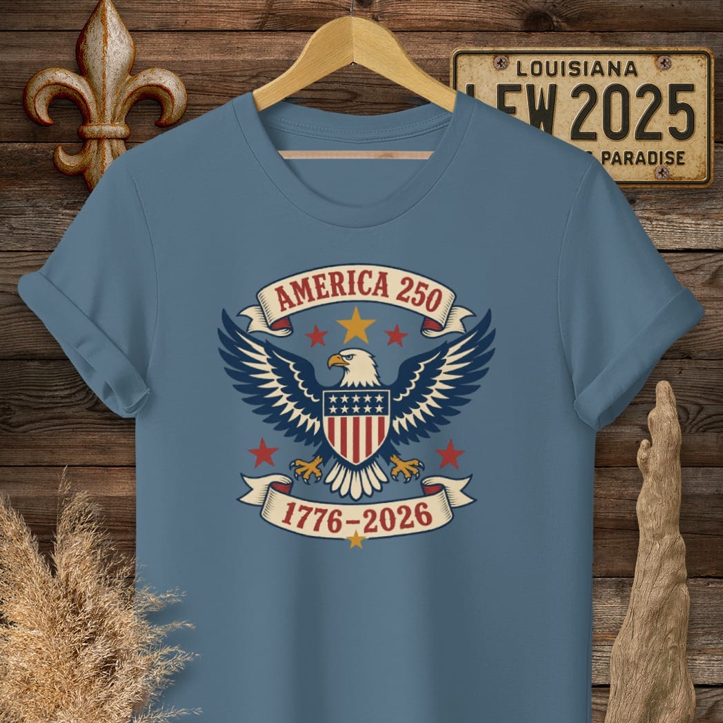 S / Indigo Blue Louisiana America 250 Eagle T-Shirt by Laissez Faire Wear