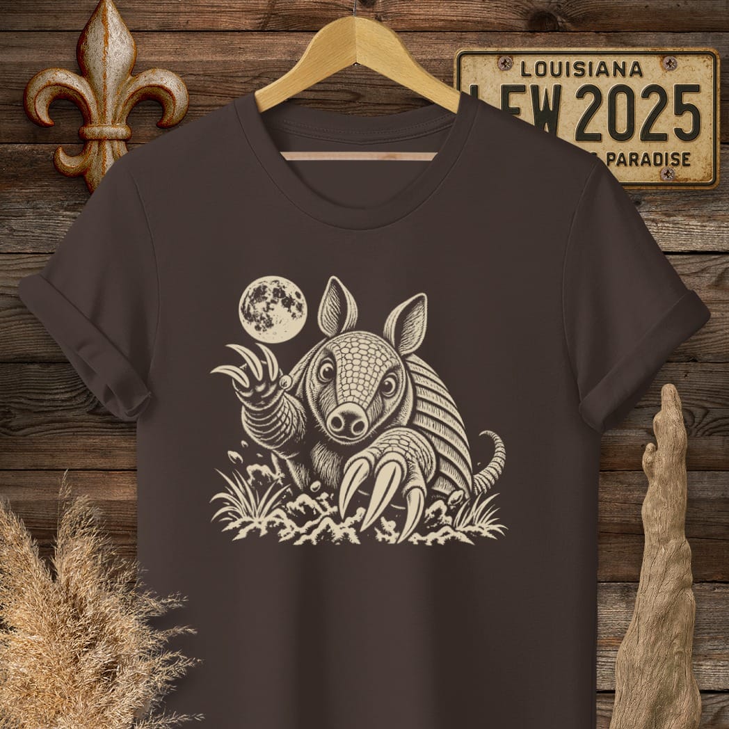 S / Dark Chocolate Louisiana Armadillo Attack T-Shirt by Laissez Faire Wear