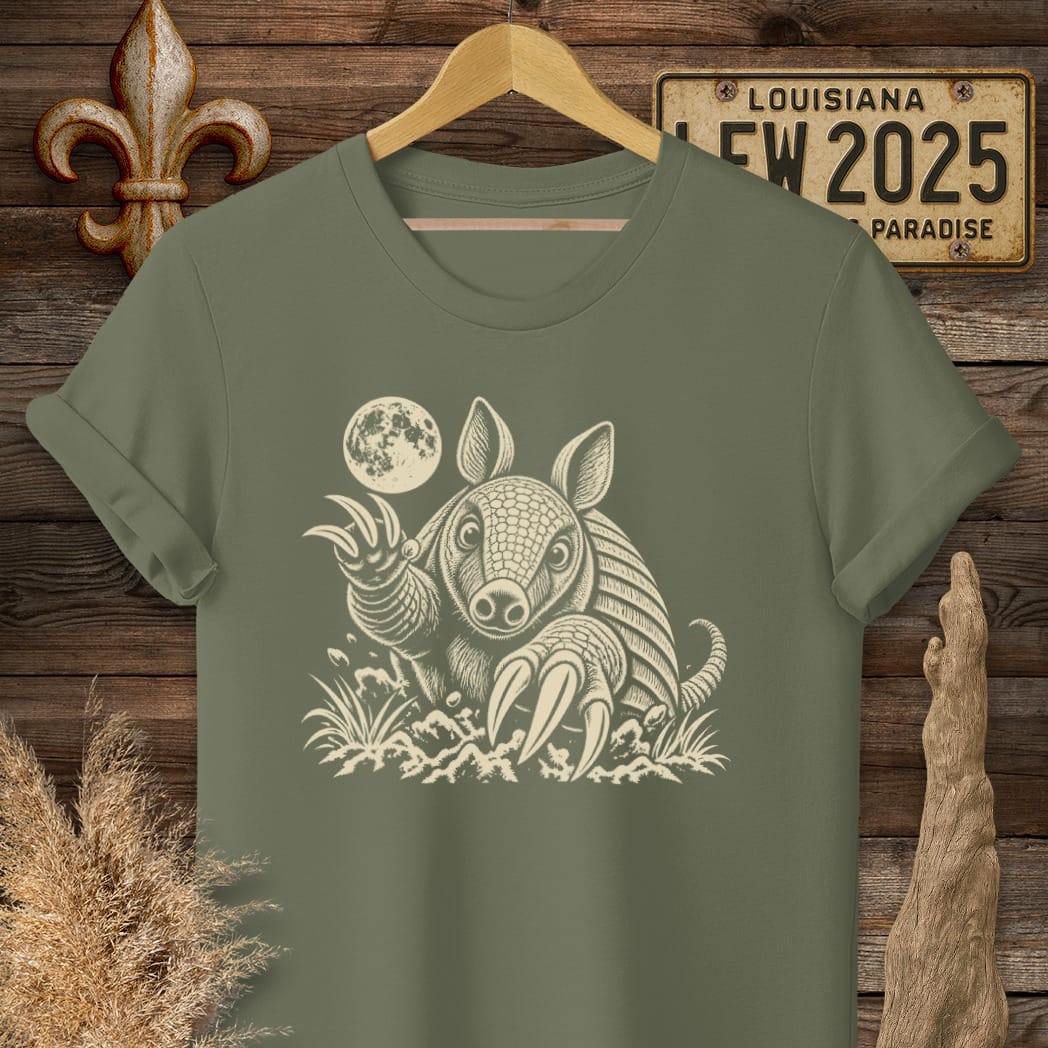 S / Military Green Louisiana Armadillo Attack T-Shirt by Laissez Faire Wear