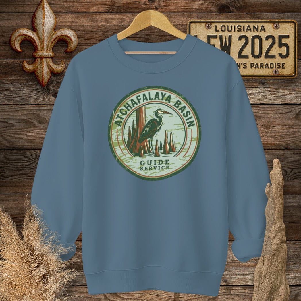 S / Indigo Blue Louisiana Atchafalaya Guide Service Sweatshirt by Laissez Faire Wear